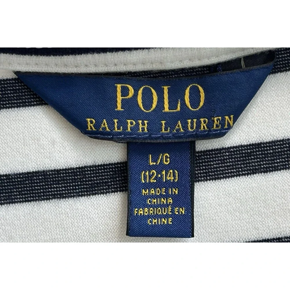NWOT Polo Ralph Lauren Girls Striped Drop Waist Dress Size L (12-14) Navy Blue